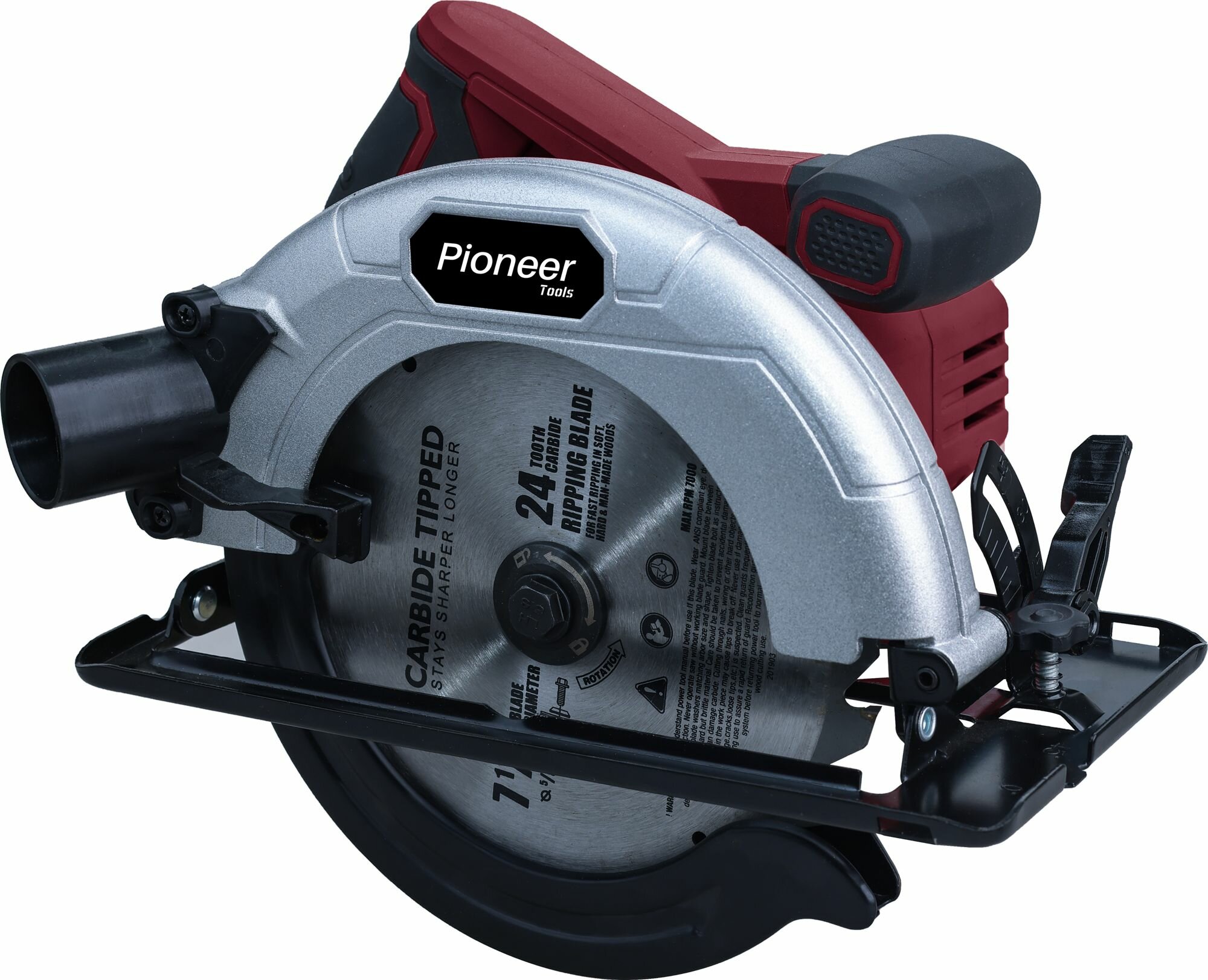 фото Циркулярная пила Pioneer EDS-1600-190-01 с щеточным двигателем, дополнительная рукоятка Anti-Slip, патрубок для подключения пылесоса, диск 185 мм и параллельная направляющая в комплекте, 1600 Вт