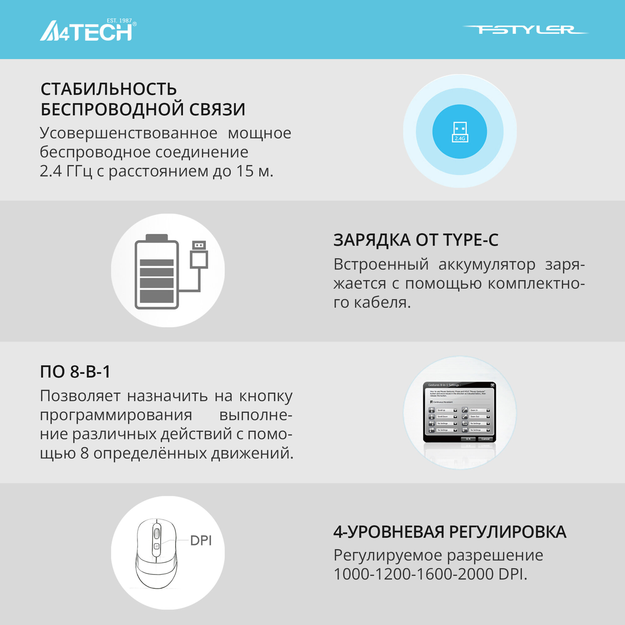 Мышь A4Tech Fstyler FG10CS Air, черный/серый (fg10cs air stone grey)