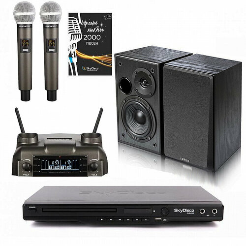 беспроводные микрофоны для караоке skydisco mic wl28 Комплект караоке для дома SkyDisco Karaoke Home Set 3+EDIFIER R1100: приставка с баллами, микрофоны, диск 2000 песен