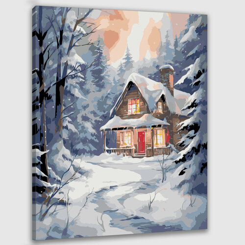 Картина по номерам 50х40 Домик в зимнем лесу
