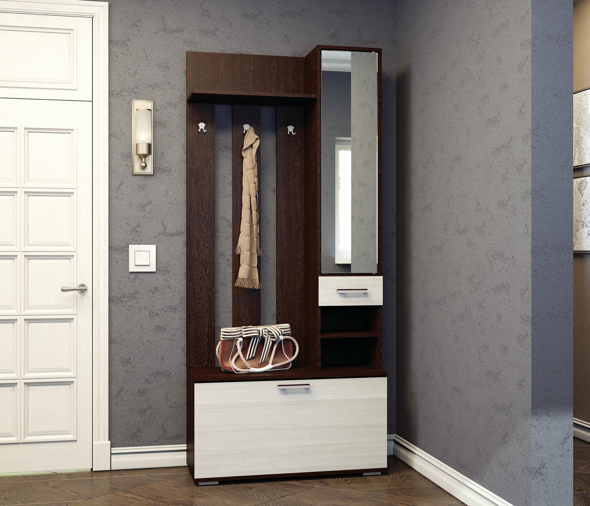 фото Вешалка в прихожую столплит НИКА В3910 с зеркалом, выдвижным ящиком и полками, ЛДСП, Венге-Лоредо, 91х206х35 см