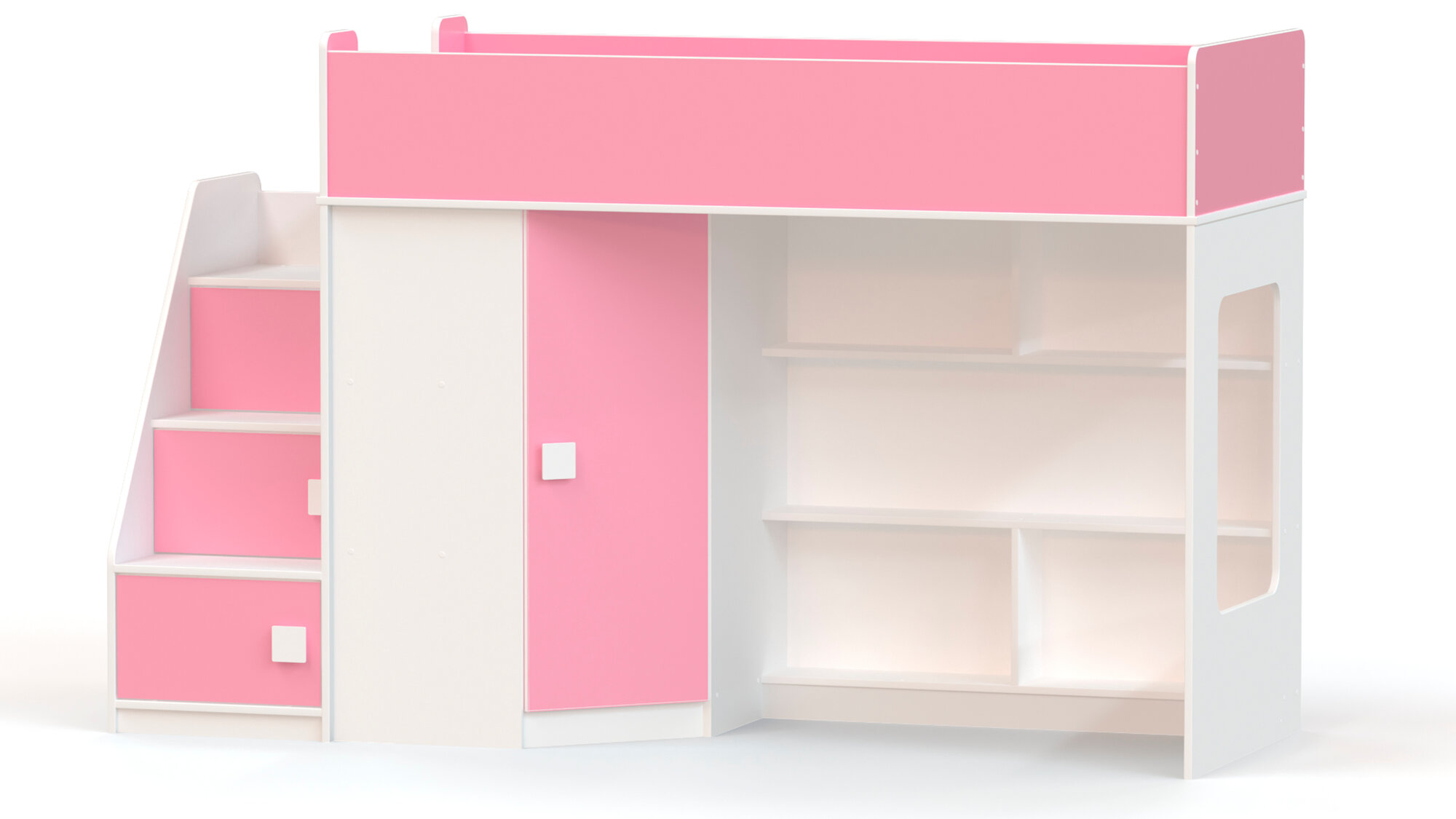 фото Кровать-чердак с угловым шкафом и угловой лестницей Ridgimmi 2.3 белый / розовый