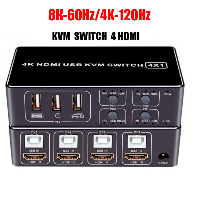 Переключатель KVM Switch 4 USB/4 HDMI DK104v2 поддержка 8К/60HZ 4K/120HZ HDMI 2.0 HDCP 2.3