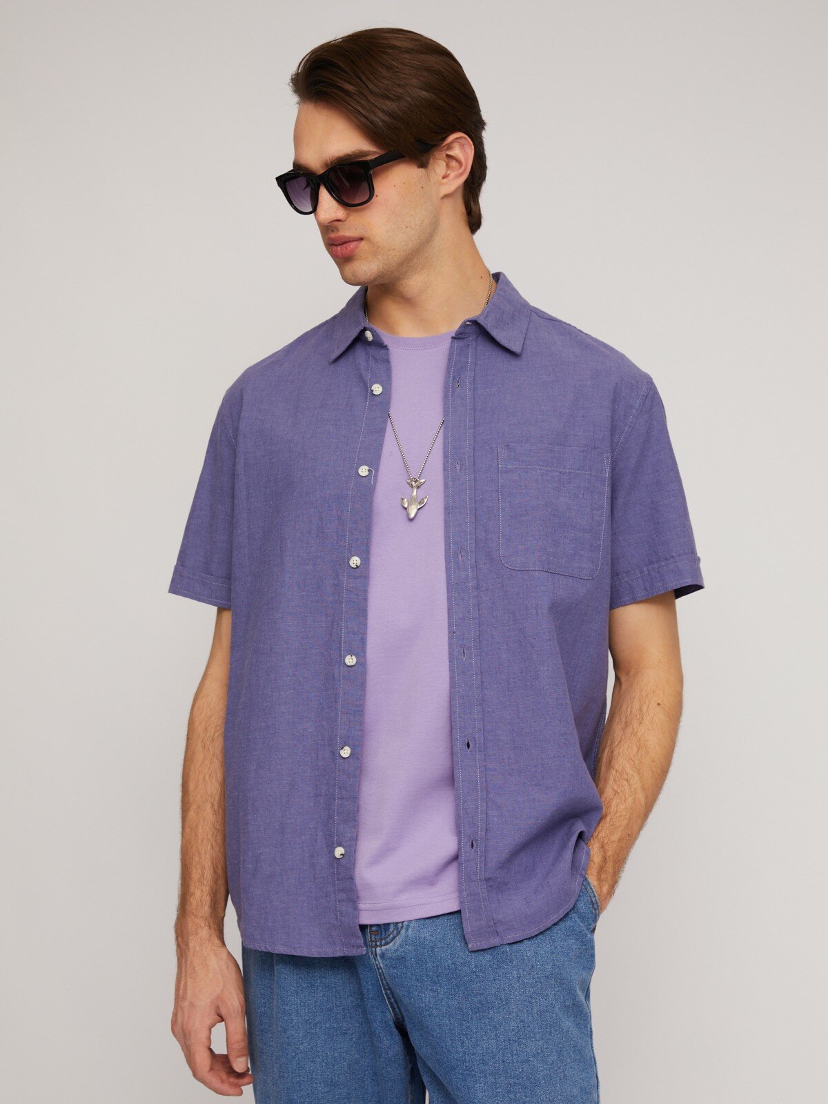 Льняная рубашка с коротким рукавом цвет Фиолетовый размер L 014242259023