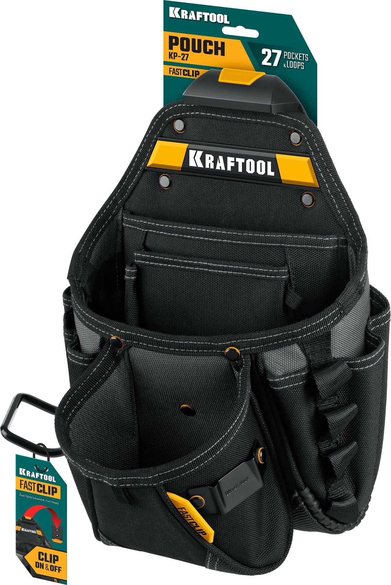 KRAFTOOL KP-27 с быстросъёмным креплением FastClip, 27 карманов и петли, 350 х 260 мм, поясная сумка (38773)