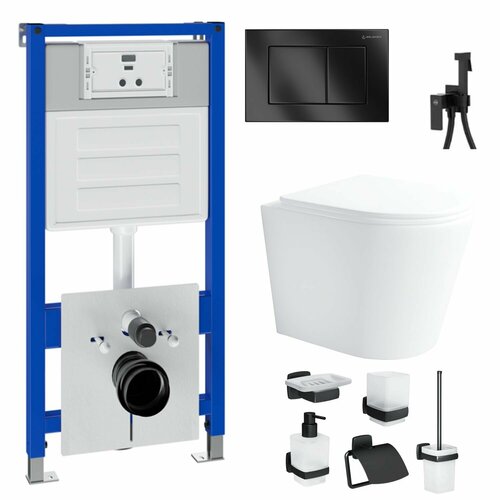 Инсталляция с подвесным унитазом Helmken 35490201 комплект 11 в 1: подвесной безободковый унитаз, сиденье микролифт, инсталляция с кнопкой, шумоизоляция, гигиенический душ Armatura, аксессуары Am.Pm