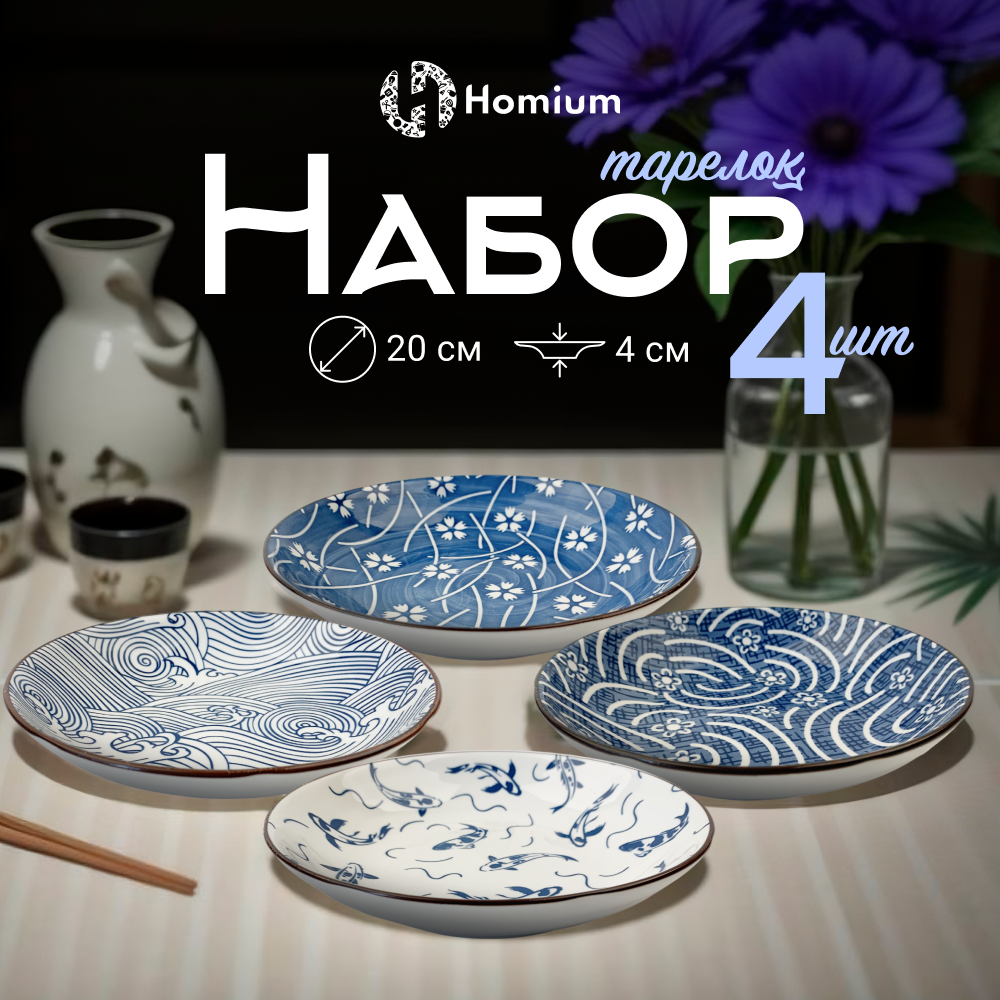 Набор тарелок обеденных Homium, Japanese Collection, Очарование, 4шт, цвет белый/синий, D20см