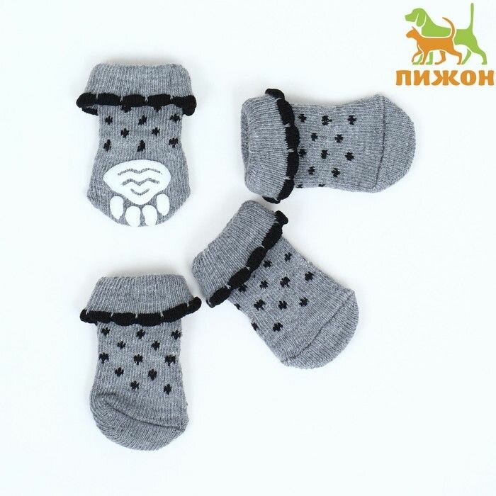 Носки для животных Пижон нескользящие "Горошек", размер S - 2,5/3,5х6 см, набор 4 шт, серые