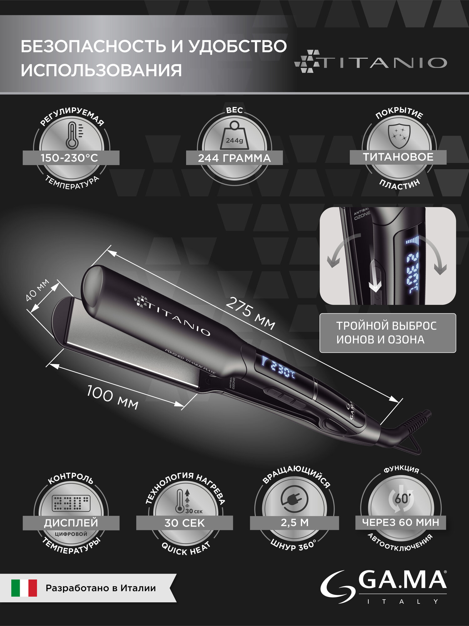 Картинки Щипцы - выпрямитель для волос GA.MA X - WIDE DIGITAL PTC 4D TITANIO широкие пластины. Покрытие титан
