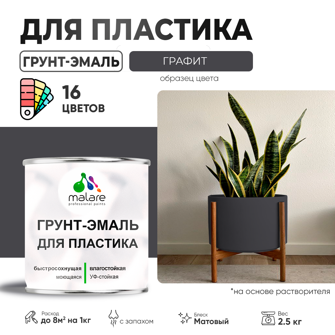 Грунт-Эмаль, Краска Malare 3 в 1 для пластика, окон и подоконников, сайдинга, быстросохнущая, матовый, графитово-серый (тёмный), 2,5 кг.