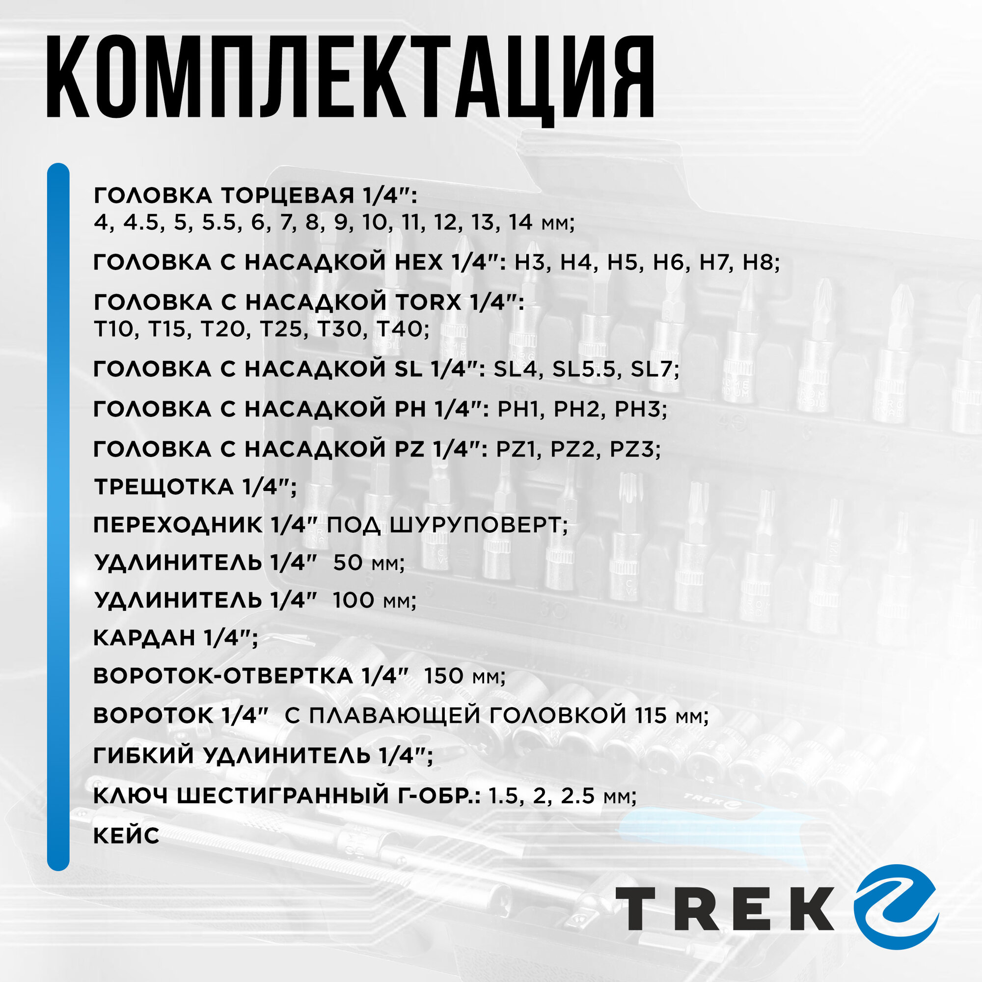 Набор инструментов 1/4" 6 граней 46 предметов трек (TR13046) — фото 1