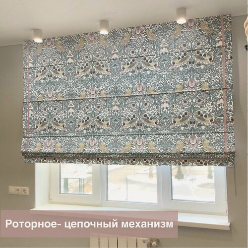 Изображение товара Римская штора с птицами и розовым Кантом по мотивам У. Морриса/ ширина 200/ высота 190 см