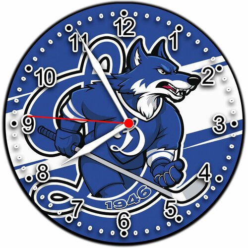 Часы ХК Динамо Москва Волки хоккейный клуб из древесины прессованной (МДФ) D-27 см - 5 мм, Настенные и Настольные с подставкой в комплекте , Уникальные, Коллекционные бесшумные