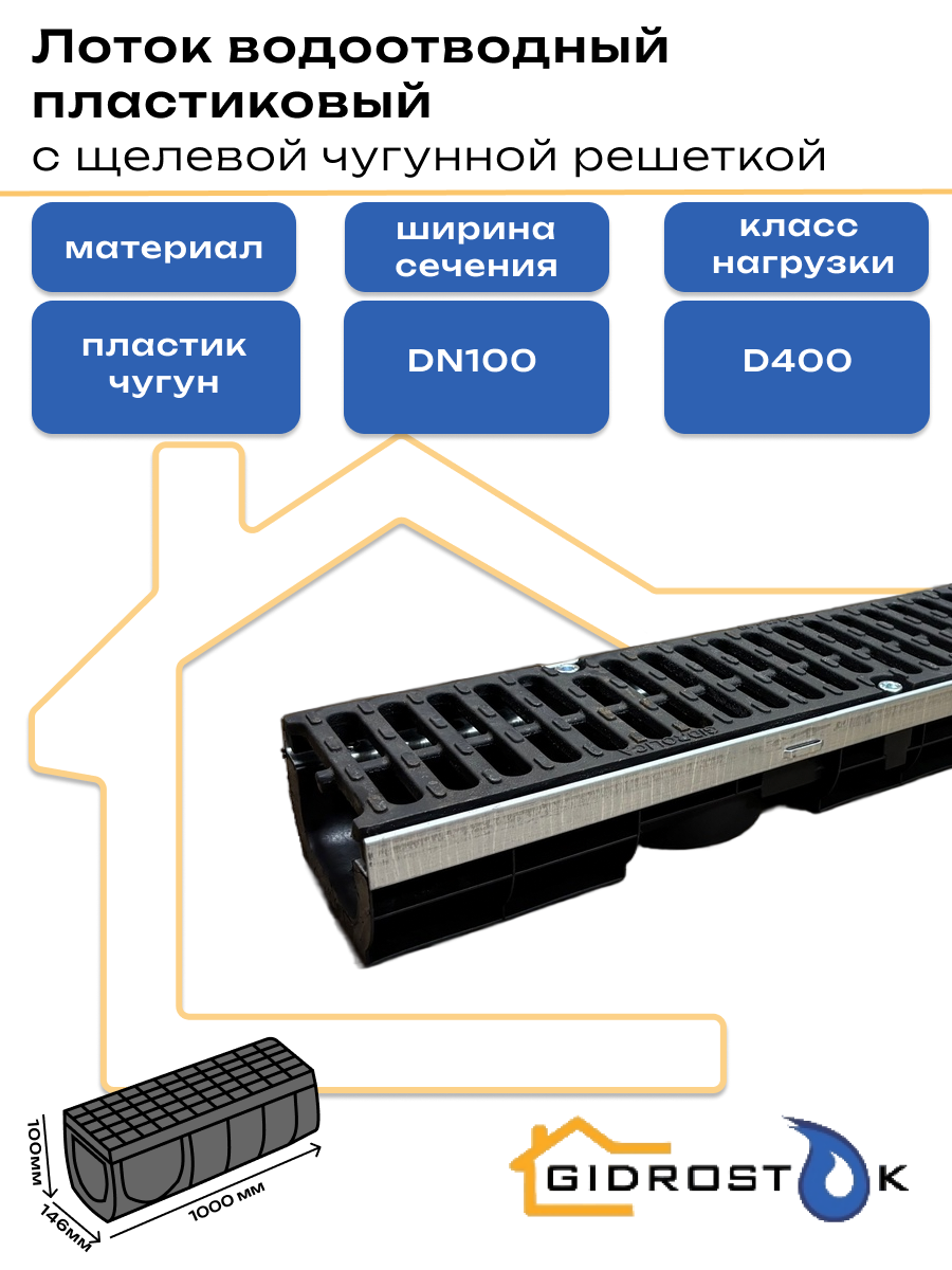 Лоток пластиковый усиленный DN100 H98 мм с щелевой чугунной решеткой класс D400