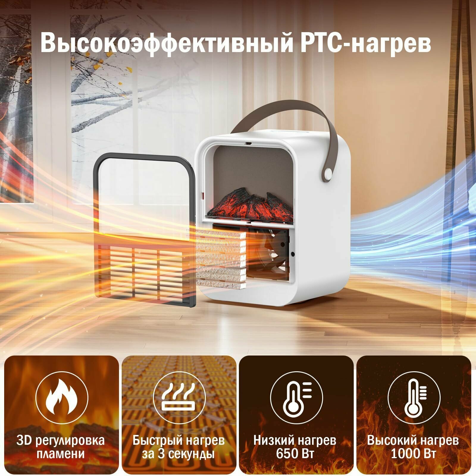 Инфракрасные Обогреватели 1000W Электрический каминный обогреватель для дома, с 3D эффектом пламени, PTC быстрый нагрев, 2 режима, для спальни, ванной, офиса