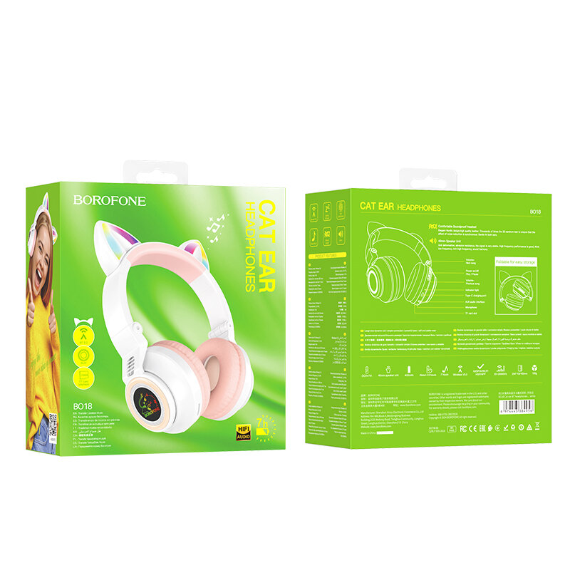 Наушники BO18 Cat Ear беспроводные, Bluetooth 5.0, до 12 ч работы, TF, AUX, световые уши, голосовые уведомления — фото 1