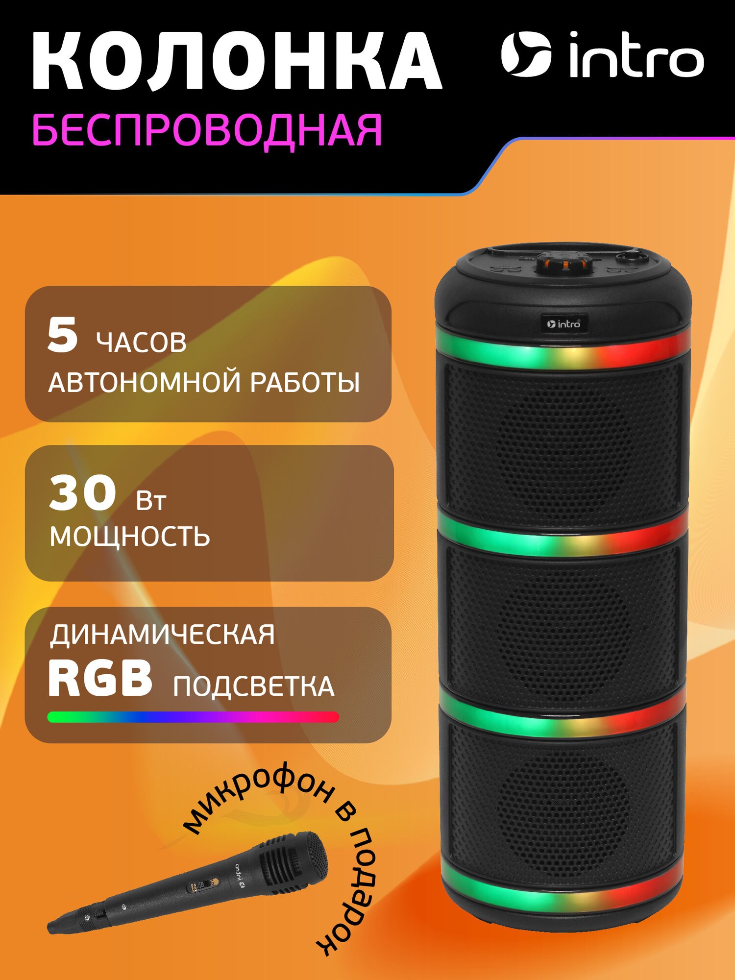 Колонка блютуз беспроводная Intro WZ950 музыкальная большая с микрофоном и радио, Bluetooth 5.1, microSD, hands free