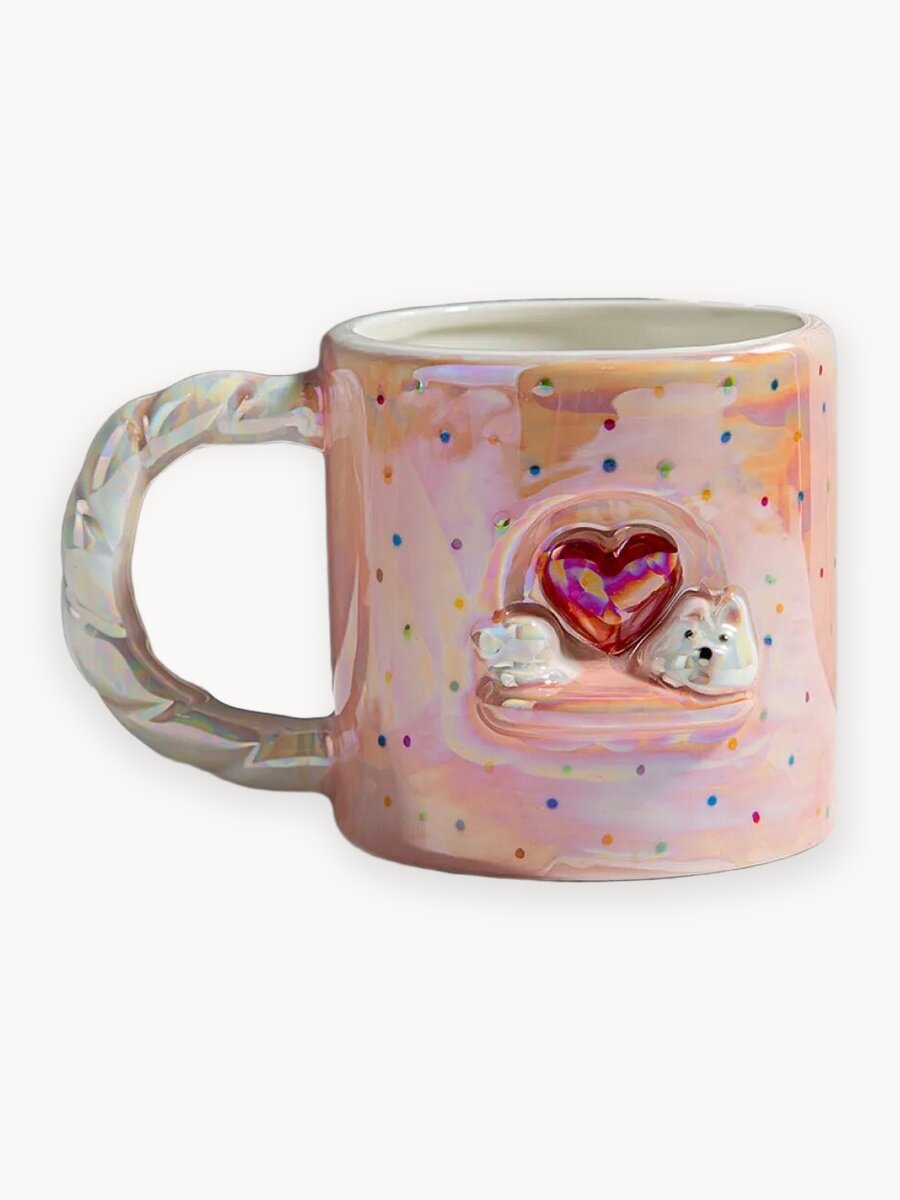 Кружка от бренда "Тепло в руках" - "Собачка Робик розовый", с сердечком, керамика, фигурная, с декором, 300 мл