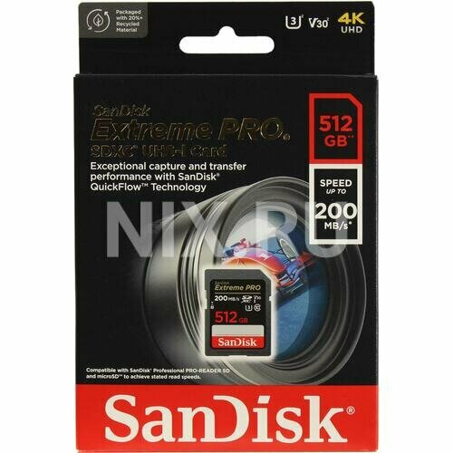 Карта памяти Sandisk 512Gb Extreme Pro SDXC UHS-I U3 V30 (200/140 MB/s)