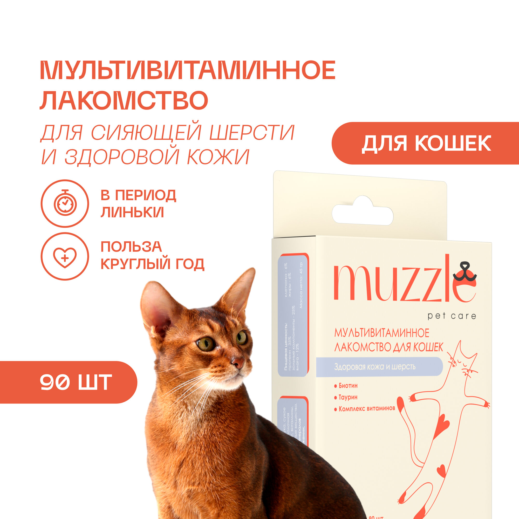 фото Мультивитаминные лакомства для кошек Muzzle "Для шерсти кошек", 90 таблеток