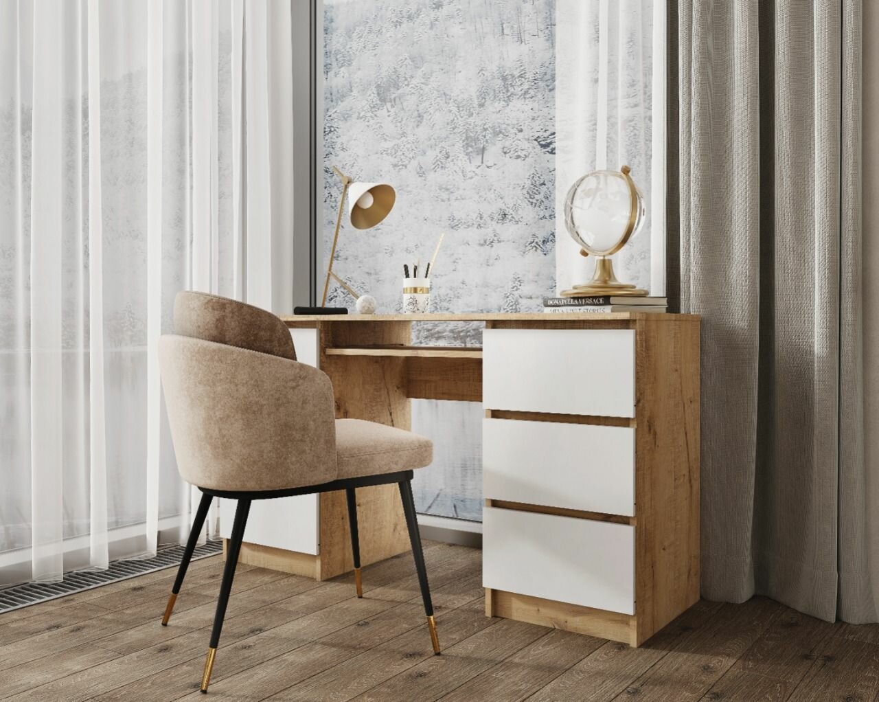 фото Стол письменный Охта МС-2 ЛДСП Дуб вотан/Белый гладкий с ящиками, полкой для дома, подростка, ребенка, учебы, компьютера 1354х770х500 петровская