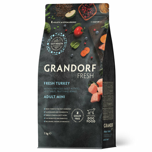 Grandorf Fresh Dog Adult Mini беззерновой корм для взрослых собак мини пород Индейка с бататом, 1 кг.