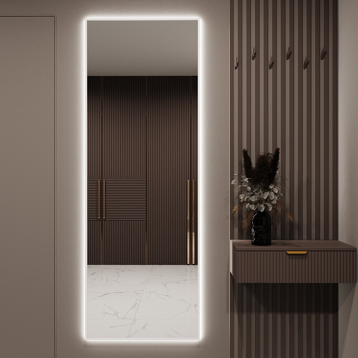 Зеркало с подсветкой в алюминиевой раме настенное Market-house 170х60 см. Свет: Нейтральный белый 6000К. Белое