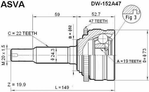 Шрус наружний с кольцом abs Asva DW-152A47 Chevrolet / Daewoo: 96391555 Chevrolet Aveo Наклонная Задняя Часть (T250