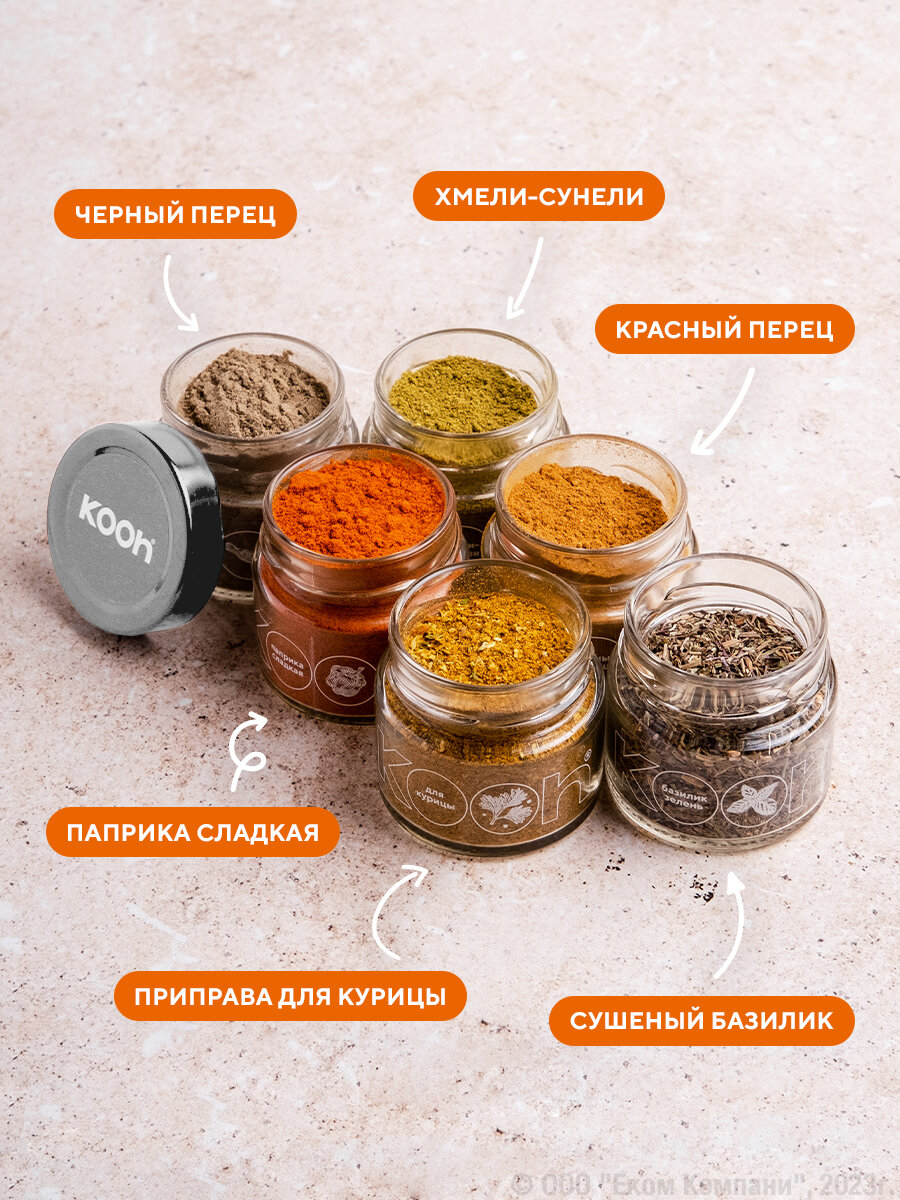 Набор специй: приправа для курицы, универсальная с подставкой под специи, Kooh, 12 вкусов, подарок учителю — фото 1