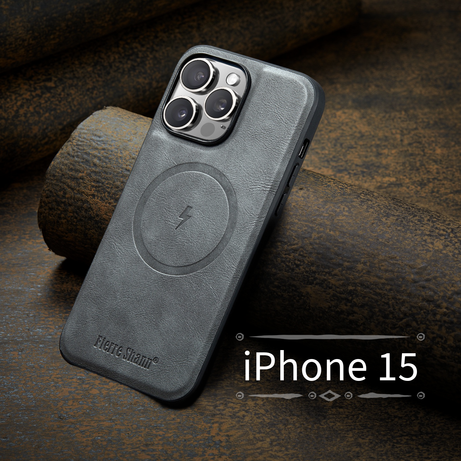 Чехол на айфон 15 серый кожаный - Чехол iPhone 15 серый