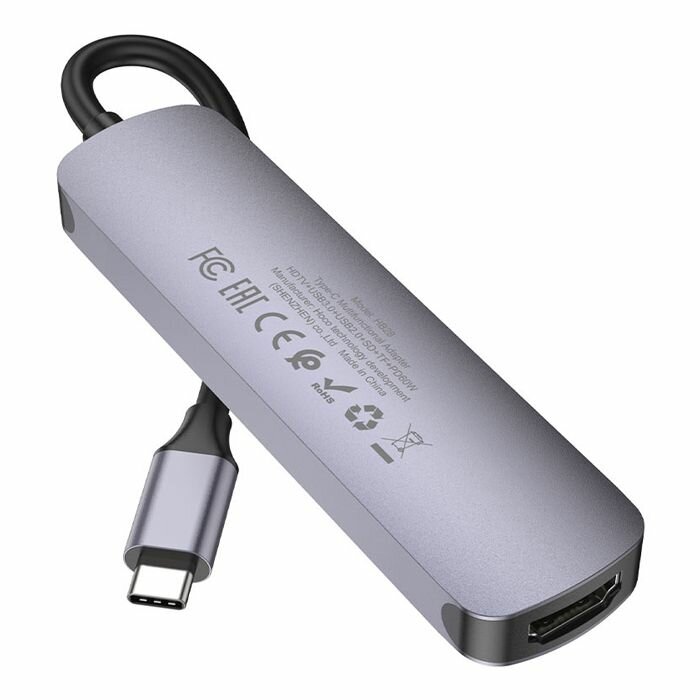 Хаб 6 в 1 HOCO HB28 USB 2.0, 1 USB 3.0, Type-C, Card Reader SD, Micro SD, HDMI серый металл — фото 1