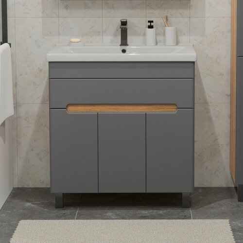 Изображение товара Тумба напольная SanStar Модена 80 с раковиной Миранда 80 (комплект) для ванной комнаты, графит софт