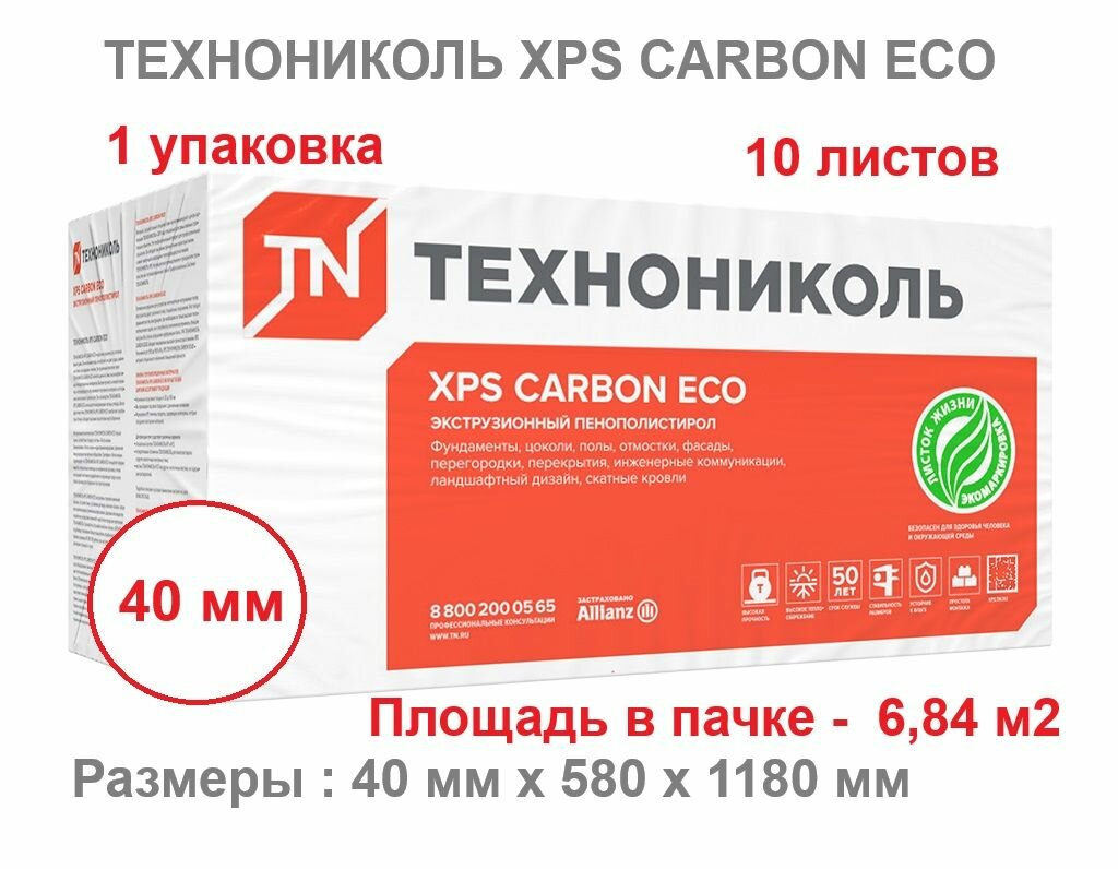 Технониколь CARBON ECO 40 мм (10 листов, 1 упаковка) утеплитель экструзионный пенополистирол ХРS Карбон Эко Техноплекс