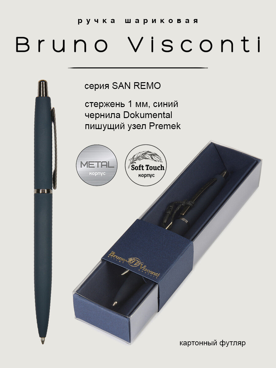 Ручка шариковая автоматическая BrunoVisconti "SAN REMO" цвет корпуса темно-синий 1 мм, синий, в картонном синем футляре