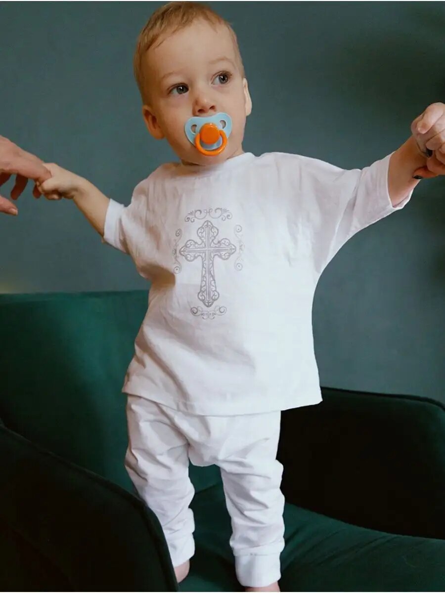 Комплект крестильный Солнечный миф, размер 30, белый, серый — фото 1