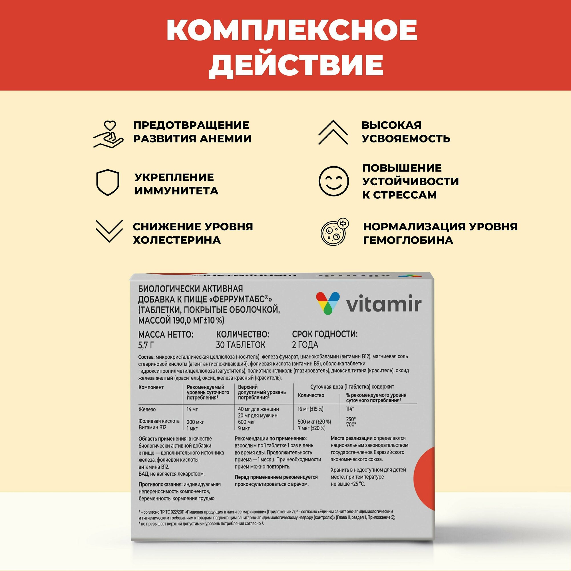 Феррумтабс VITAMIR Железо с витамином В12 и фолиевой кислотой, таблетки №30 — фото 1