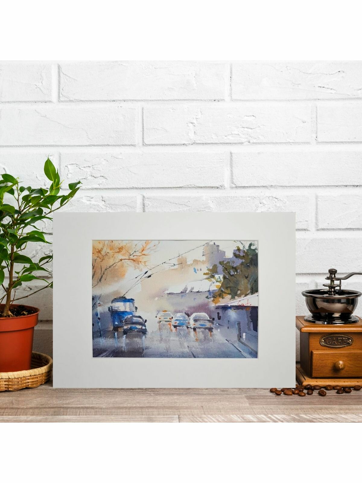 Картина авторская акварельная в паспарту 21х30 см на стену для интерьера "Осенний город"