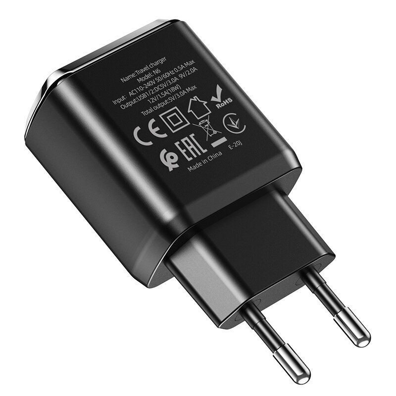 Зарядное устройство Hoco N6 Charmer, 2×USB, QC3.0, выход 5В/3А, один порт 18 Вт, поддержка QC2.0, FCP, AFC — фото 1