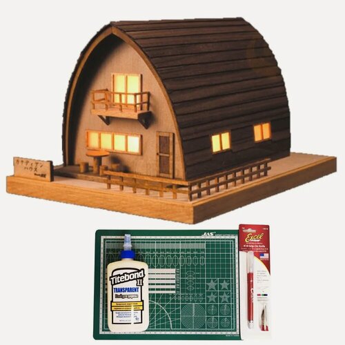 Изображение товара Сборная модель от Woody Joe, дом с подсветкой Canadian House, 168х134х105 мм, М.1:150, подарочный набор с инструментами и клеем