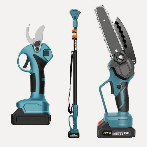 Изображение товара Набор садовых инструментов. Электро пила + электрический секатор для обрезки, с телескопической штангой(удлинитель) длиной 2.5 м, 2 акб