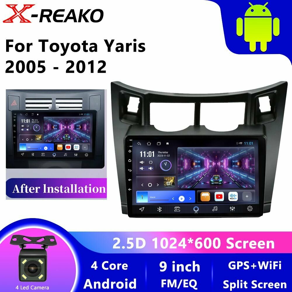 Штатная магнитола для Тойота Ярис Витц Платц (Toyota Yaris Vitz Platz 2005-2011) на Андроид экран IPS 9 дюймов Wi-Fi Bluetooth