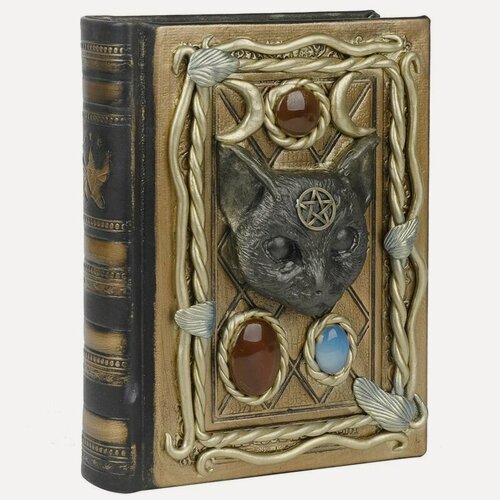 Изображение товара Кожаный гримуар ручной работы, 17.5*13.5*4см, Агат, Горный хрусталь, кошачья голова, черный, коричнево-красный