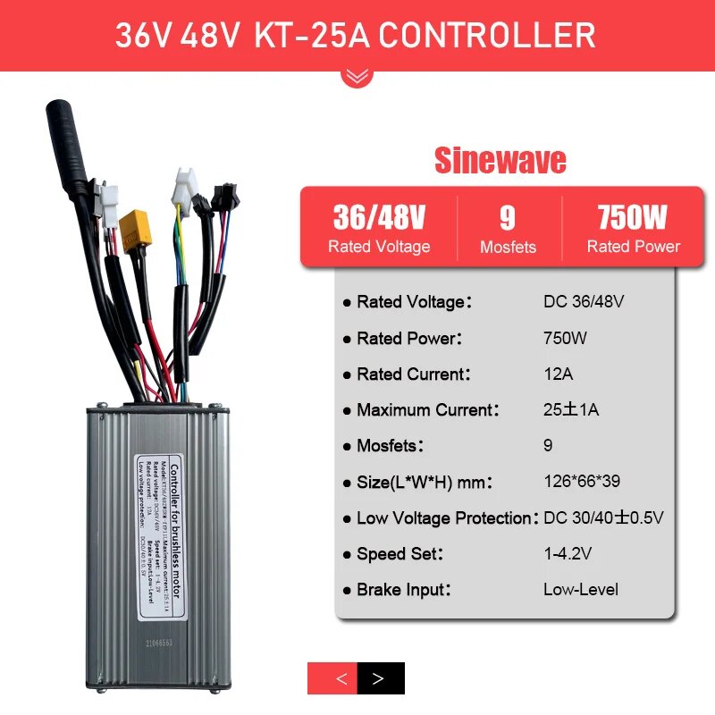 Контроллер для электровелосипеда LITTLE TT KT 36В/48В 250/350/500/750Вт, 25A SM WP Sinewave