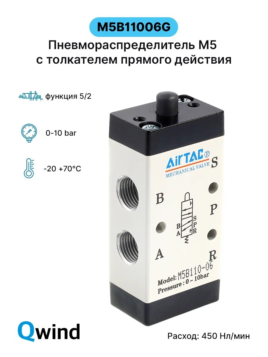 M5B11006G Пневмораспределитель нажимного типа Airtac, функция 5/2, G1/8, ручной воздушный клапан