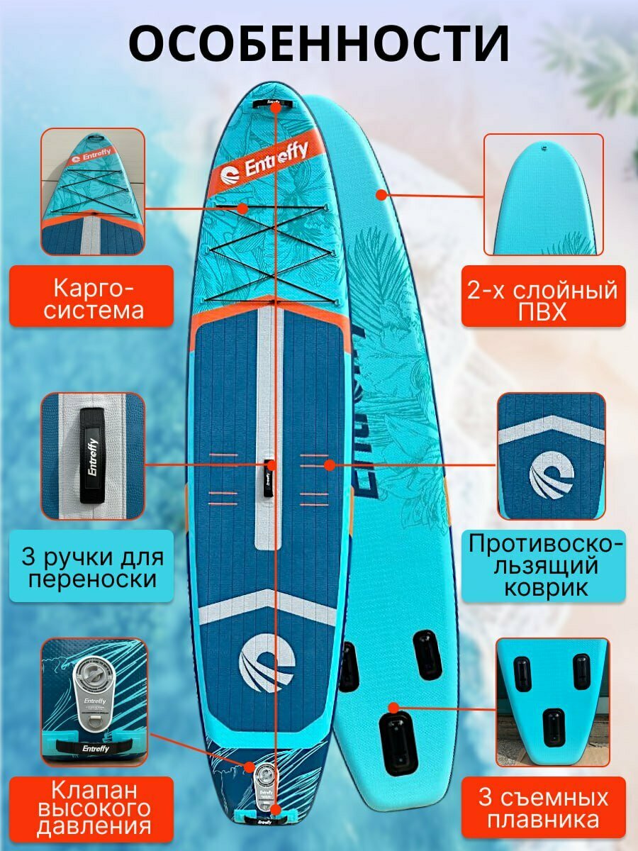 Сапборд Entroffy надувной двухслойный, 350 см 180 кг, голубой, с веслом, Supboard, SUP доска для отдыха и рыбалки — фото 1