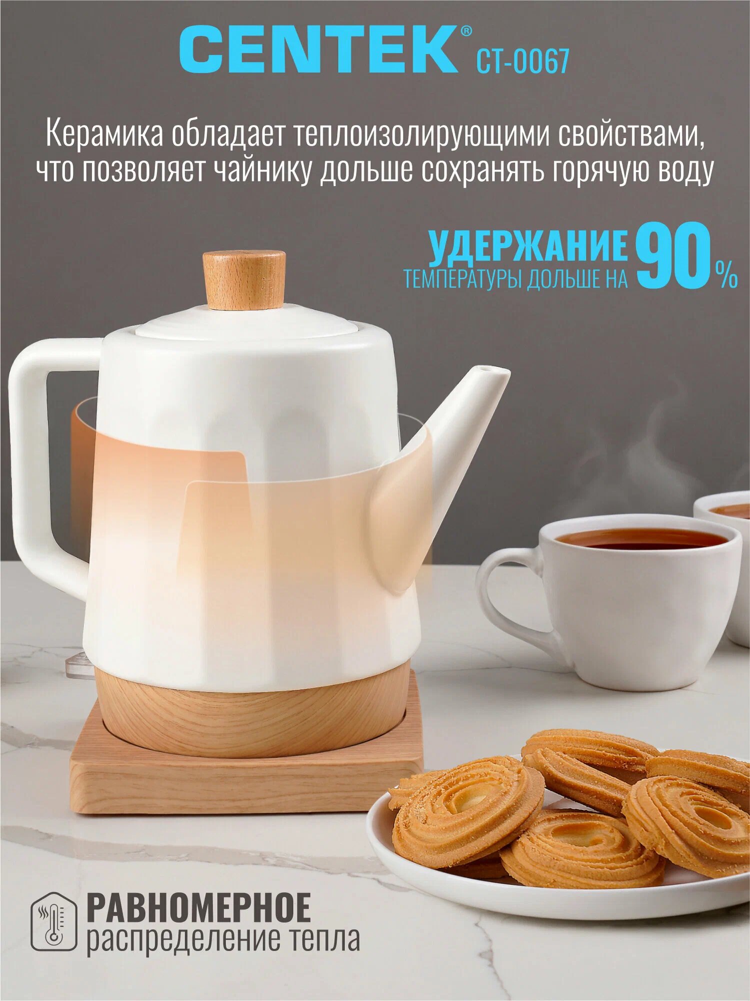 Электрический чайник CENTEK CT-0067, керамический, 1600Вт, белый — фото 1