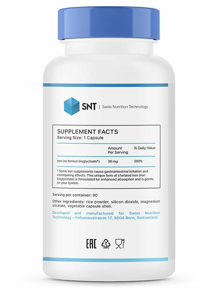 Изображение Хелатное железо бисглицинат SNT Iron Ferrochel 36 мг, 90 капсул