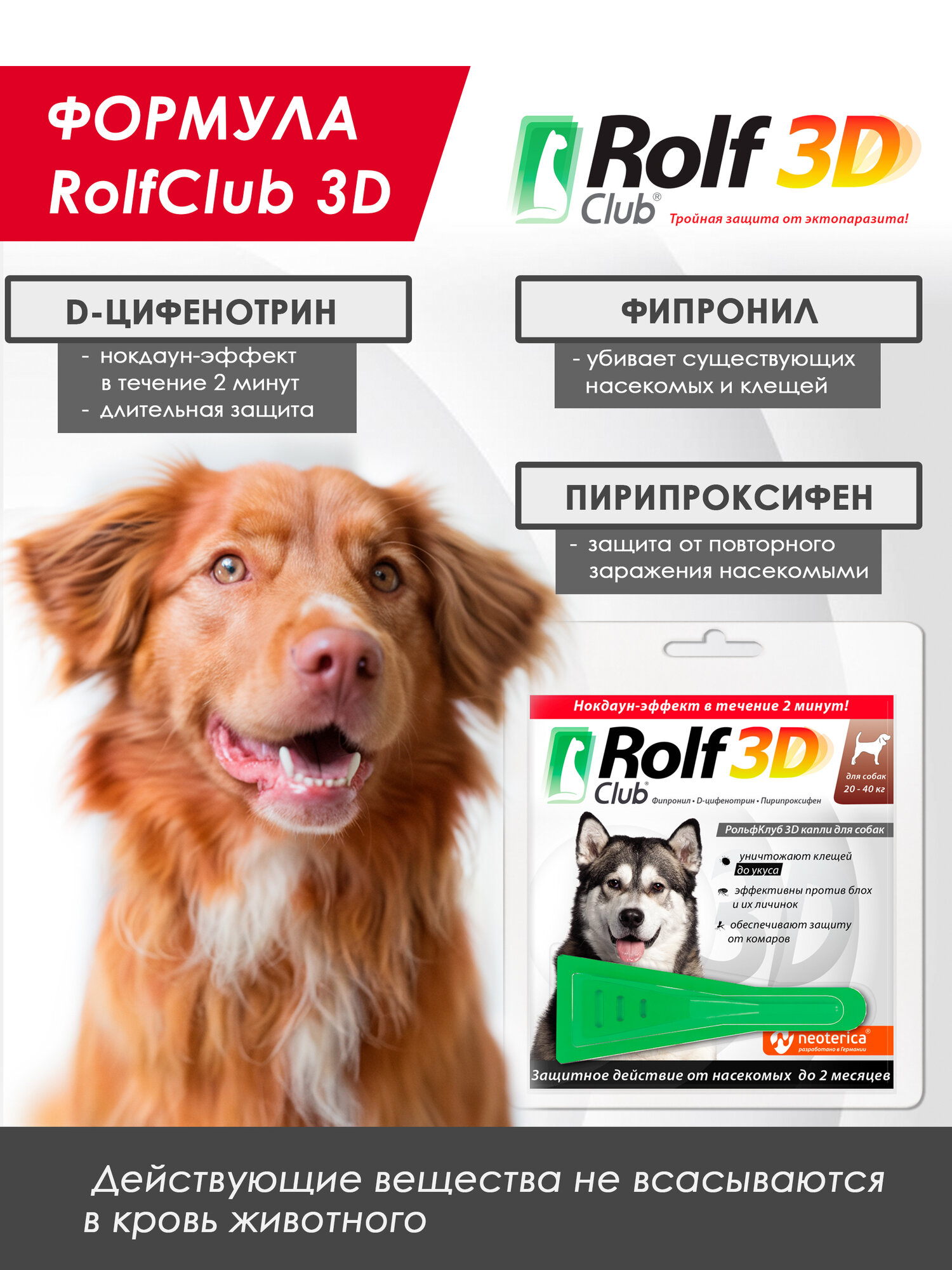 Рольф Клуб 3D от клещей и блох, для собак 20-40 кг, капли на холку, 2,5 мл. (1 пипетки) — фото 1