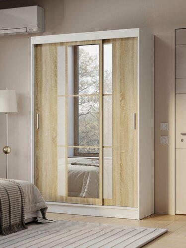 Изображение товара Шкаф-купе для одежды и хранения вещей Браво, с зеркалом, с полками, со штангой, 131х50х200 Дуб Сонома / Белый