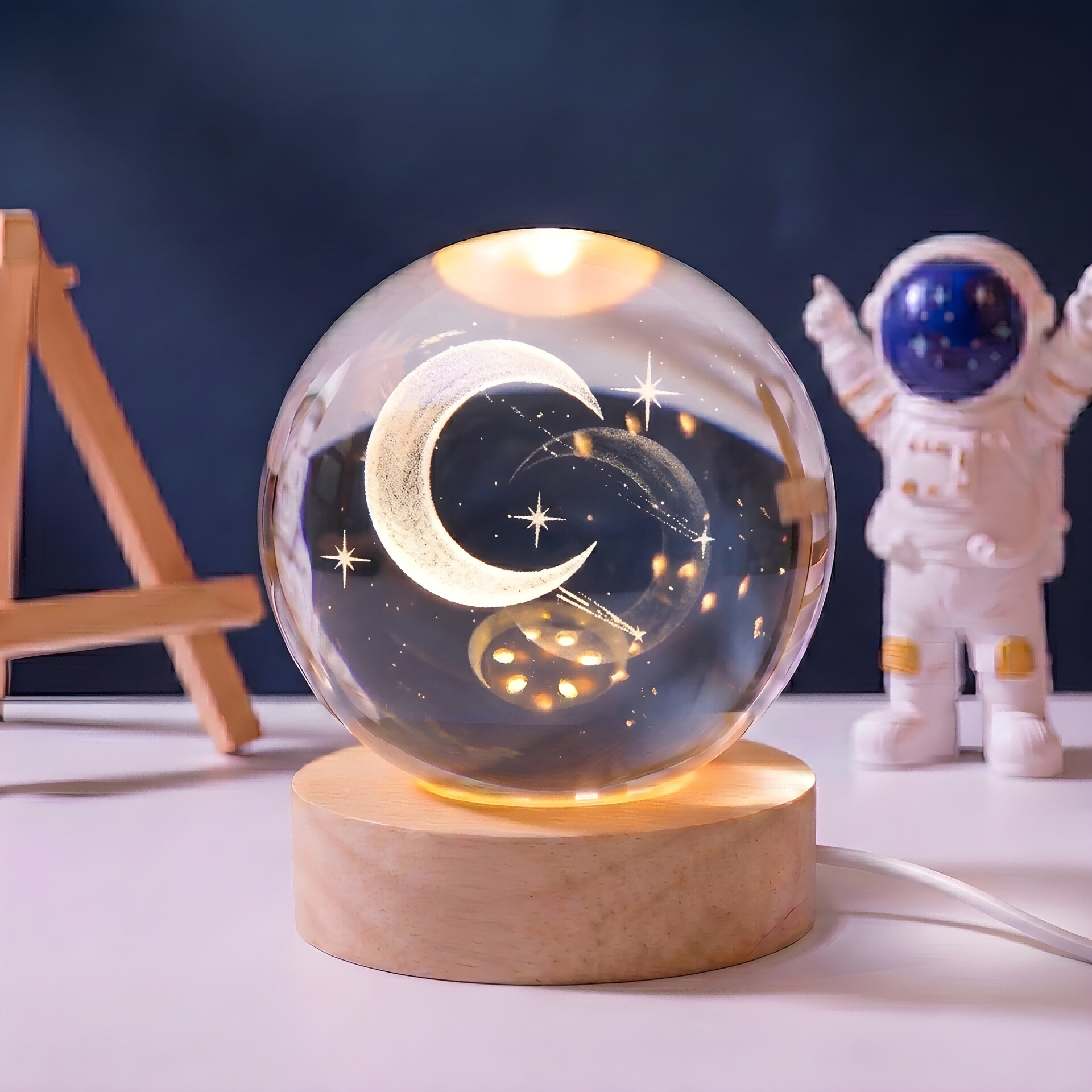 3D Хрустальный Шар Ночник 8см, Узор Луны И Метеора, Сфера Из Стекла, Настольный Светильник, С Теплой Подставкой